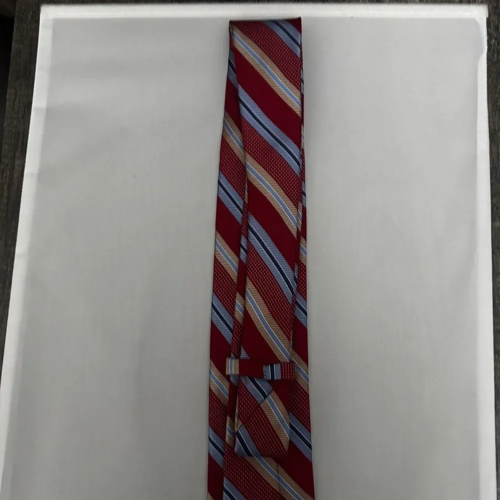 CREMIEUX MENS TIE‎ RED WITH TAN, NAVY AND LIGHT BLUE STRIPES